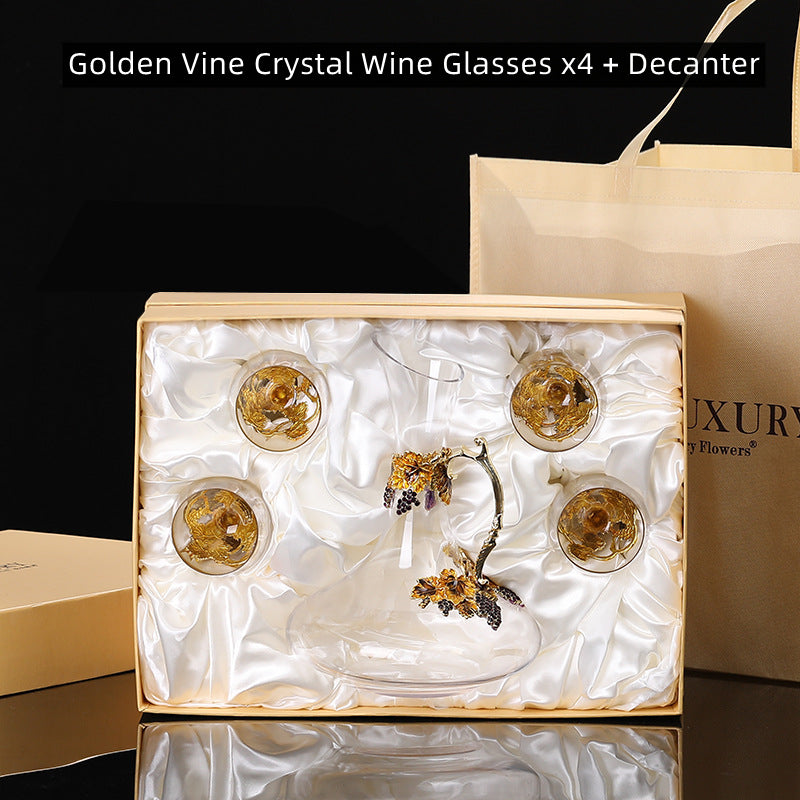 Golden Vine Crystal Wine Glasses with Decanter Suitcase Set - MASU