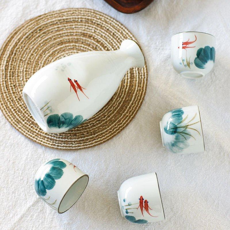 Japanese Handcrafted Goldfish Ceramic Sake Set - MASU