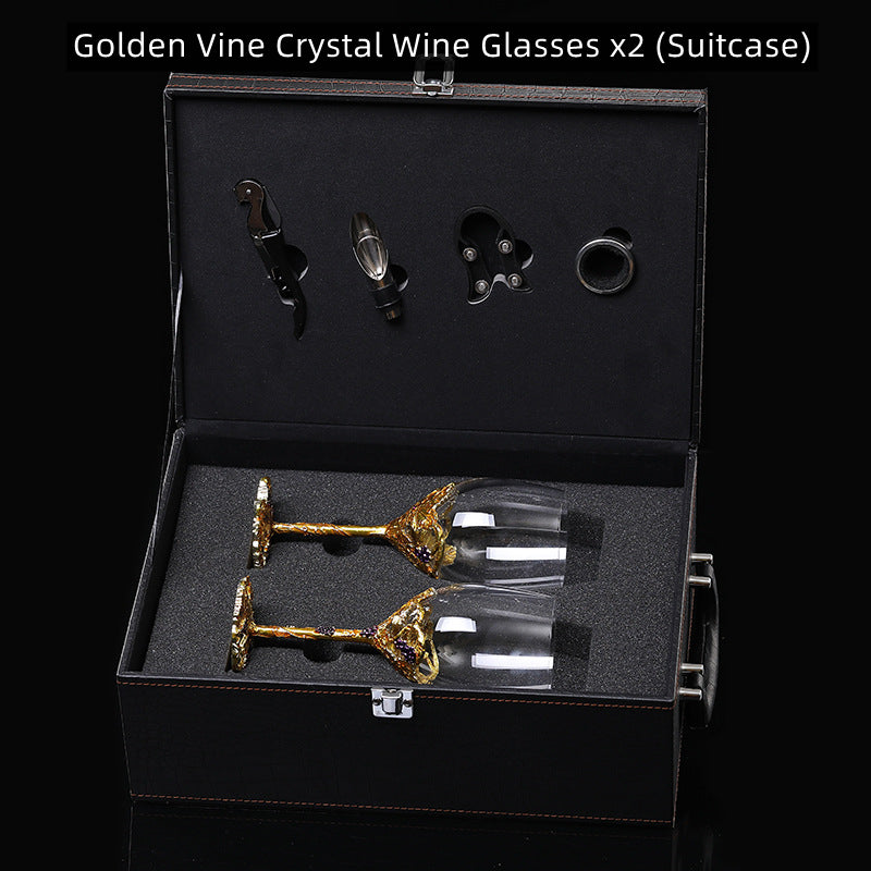 Golden Vine Crystal Wine Glasses with Decanter Suitcase Set - MASU