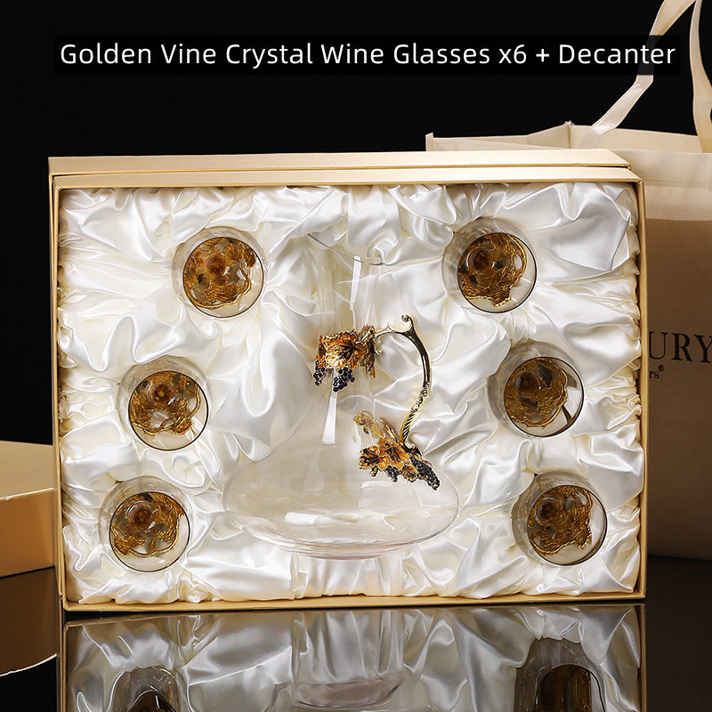Golden Vine Crystal Wine Glasses with Decanter Suitcase Set - MASU
