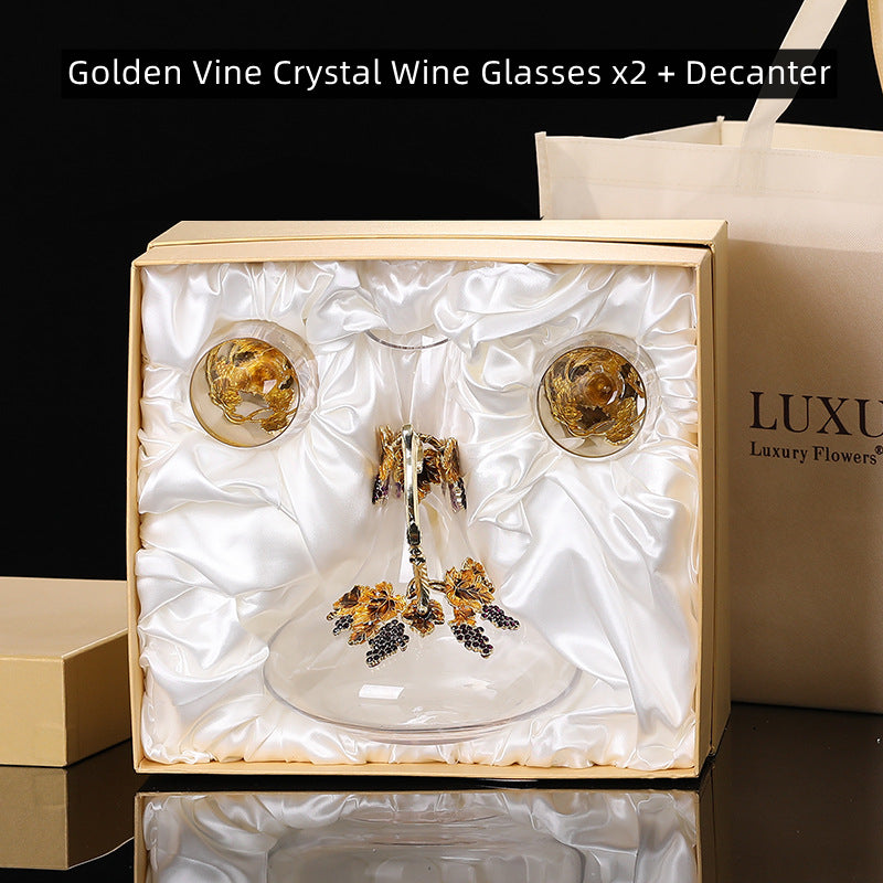 Golden Vine Crystal Wine Glasses with Decanter Suitcase Set - MASU