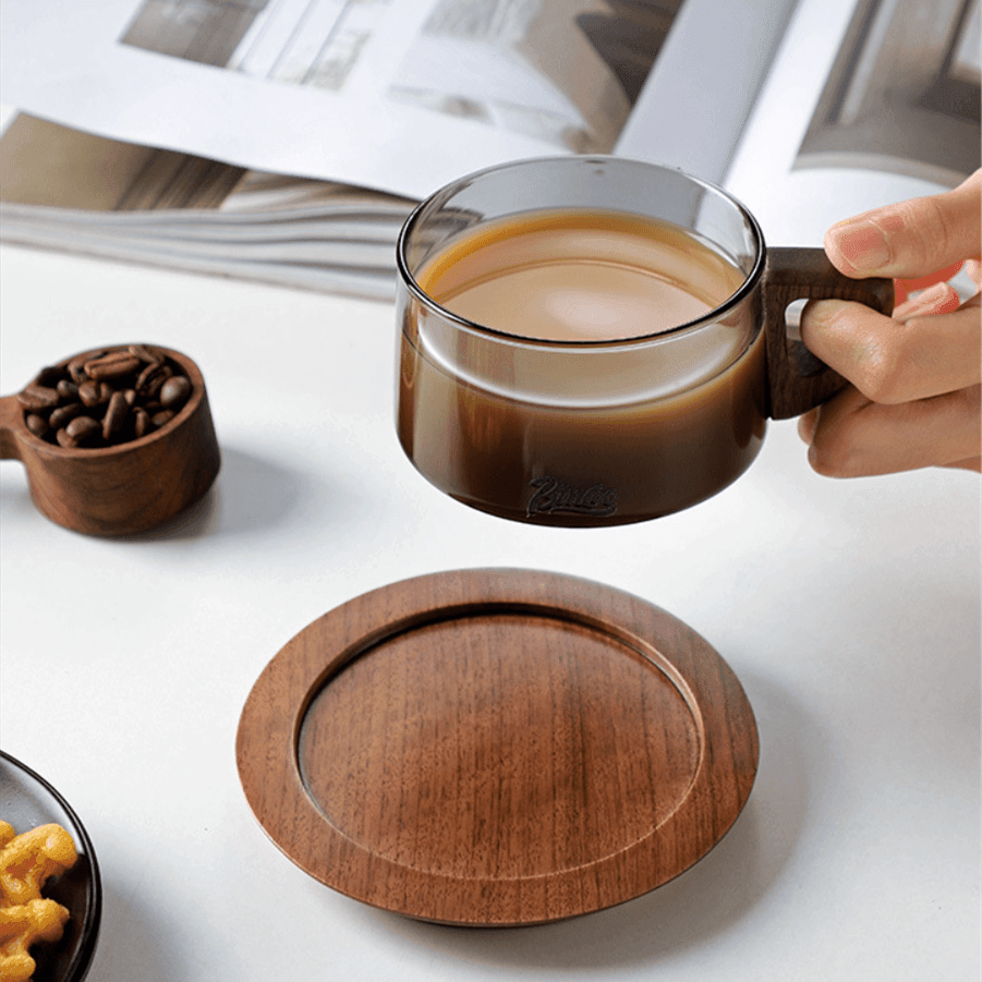 Wide Glass Coffee Mug With Wooden Handle Sets - MASU