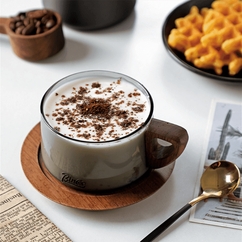 Wide Glass Coffee Mug With Wooden Handle Sets - MASU