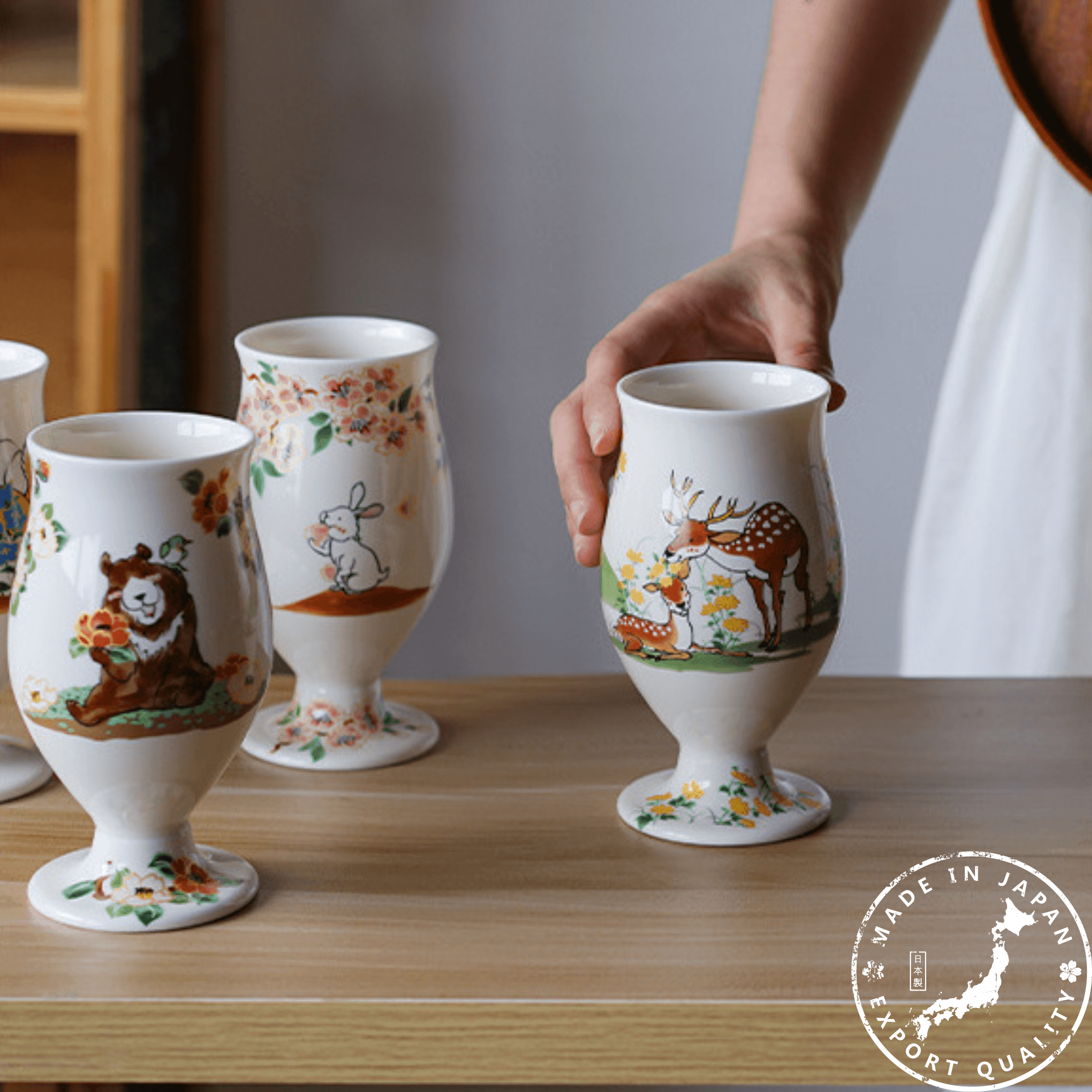 Japanese Tamikazu Hayashi Hand-painted Animal Theme Ceramic Tall Cup Gift  Sets - MASU