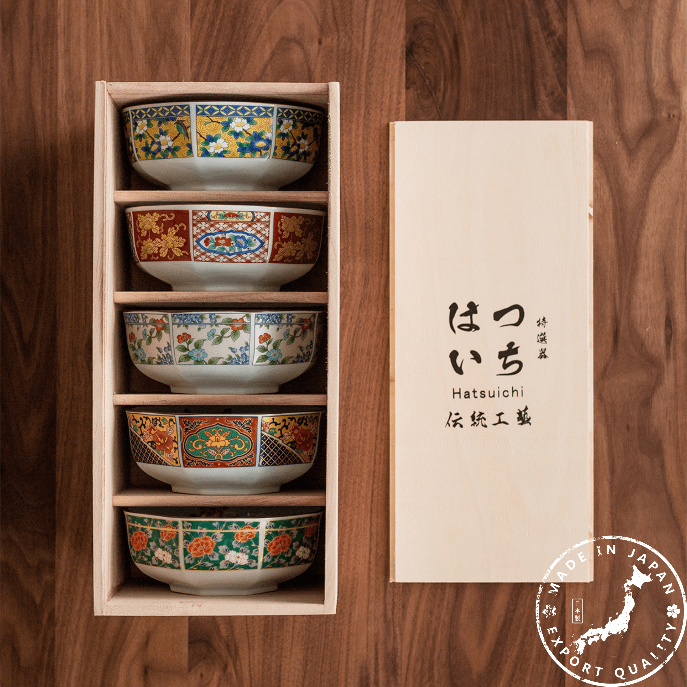 Japanese Mino Ware Court Dyed Brocade Octagonal Bowls Set - MASU