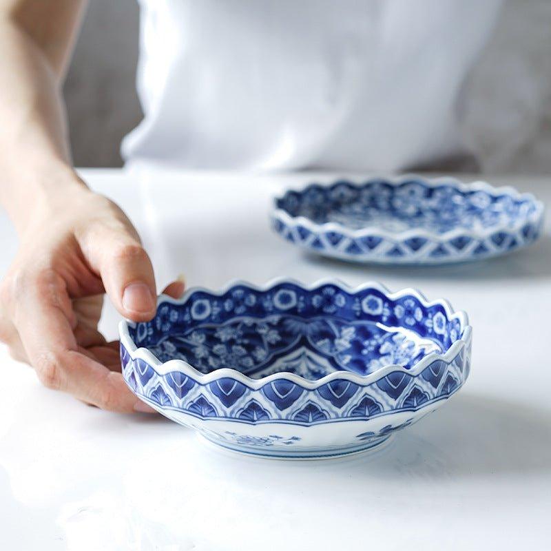 Japanese Handcrafted Ceramic Blue and White Decorated Plates/Bowls - MASU