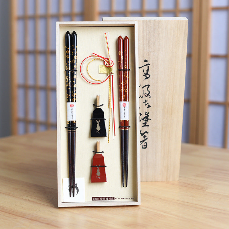 Japanese Handcrafted Golden Sakura Wooden Chopsticks Wedding Gift Set - MASU