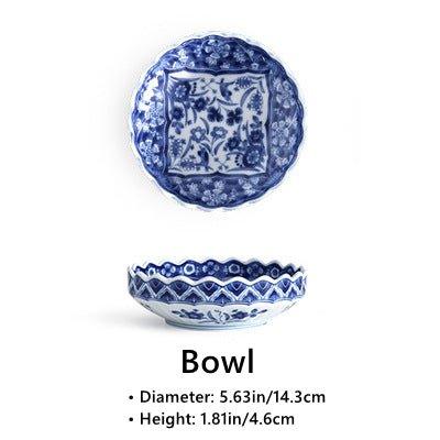 Japanese Handcrafted Ceramic Blue and White Decorated Plates/Bowls - MASU