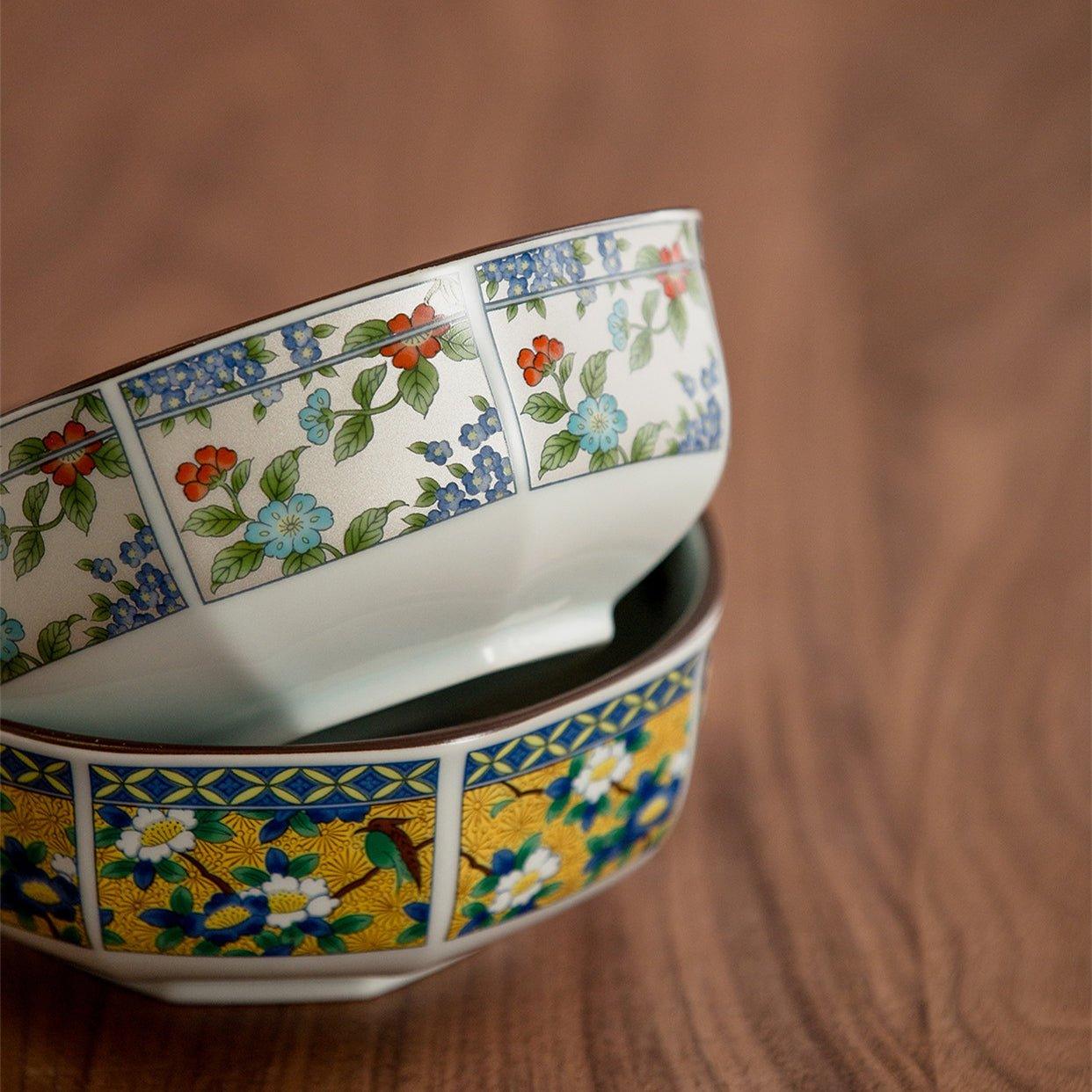 Japanese Mino Ware Court Dyed Brocade Octagonal Bowls Set - MASU