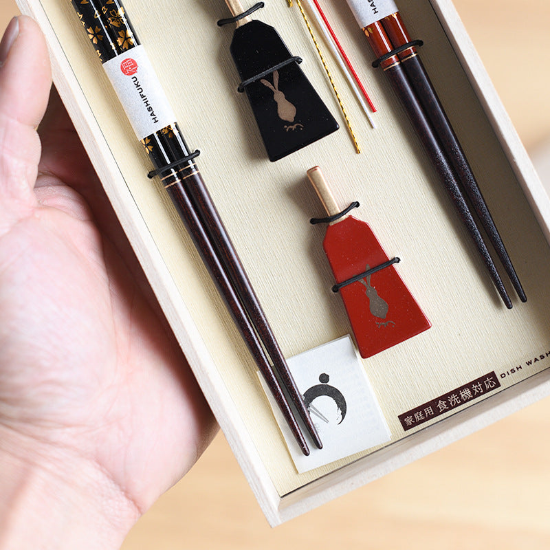 Japanese Handcrafted Golden Sakura Wooden Chopsticks Wedding Gift Set - MASU