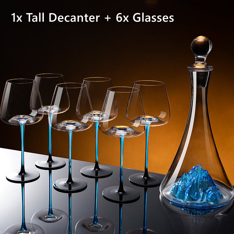 Crystal Glass Blue Stem Burgundy Wine Glass With Blue Mountain Wine Decanter Sets - MASU
