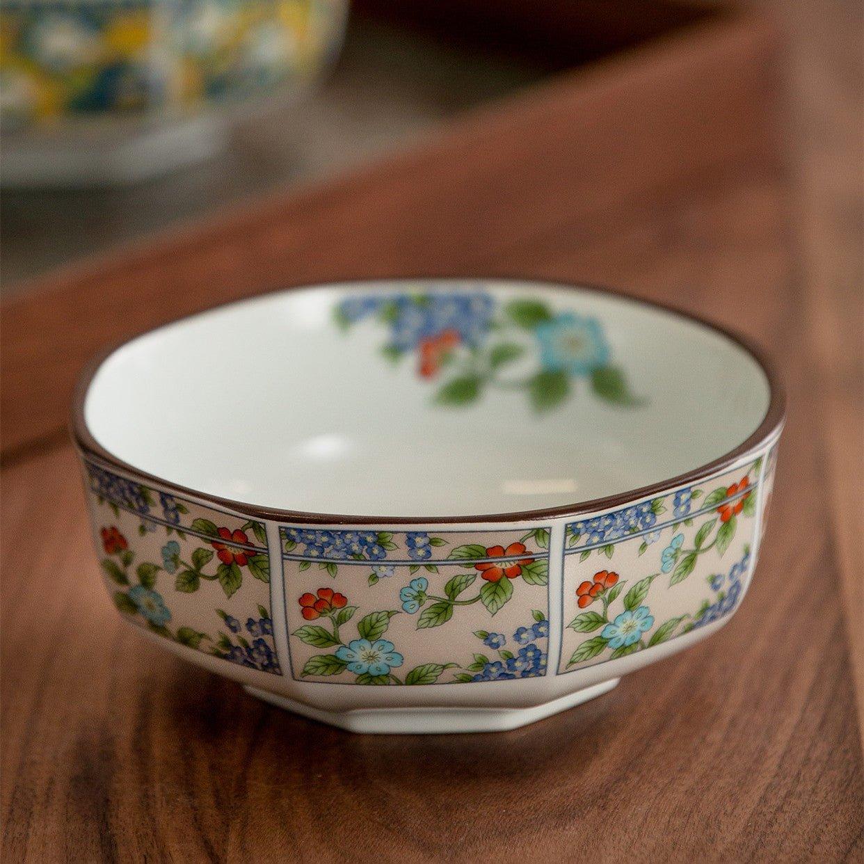 Japanese Mino Ware Court Dyed Brocade Octagonal Bowls Set - MASU