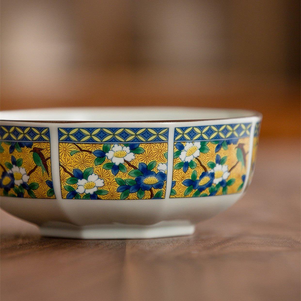 Japanese Mino Ware Court Dyed Brocade Octagonal Bowls Set - MASU