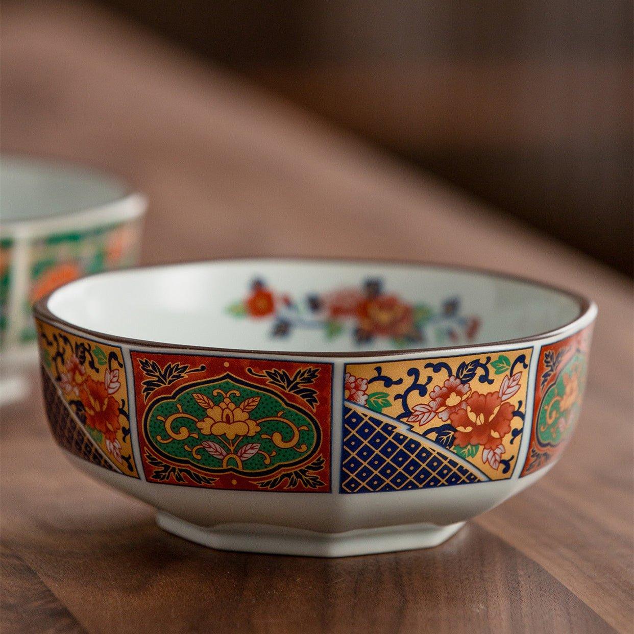 Japanese Mino Ware Court Dyed Brocade Octagonal Bowls Set - MASU