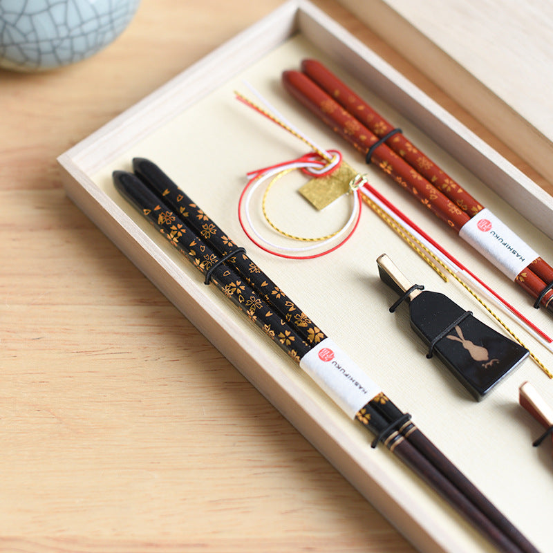 Japanese Handcrafted Golden Sakura Wooden Chopsticks Wedding Gift Set - MASU
