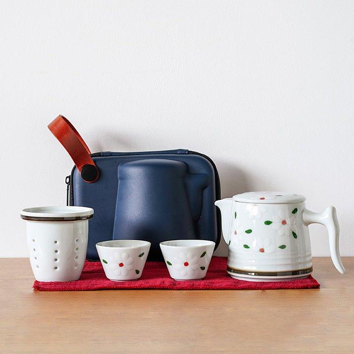 Japanese Ceramic Flower Tea Pot Sets With Carrying Case - MASU