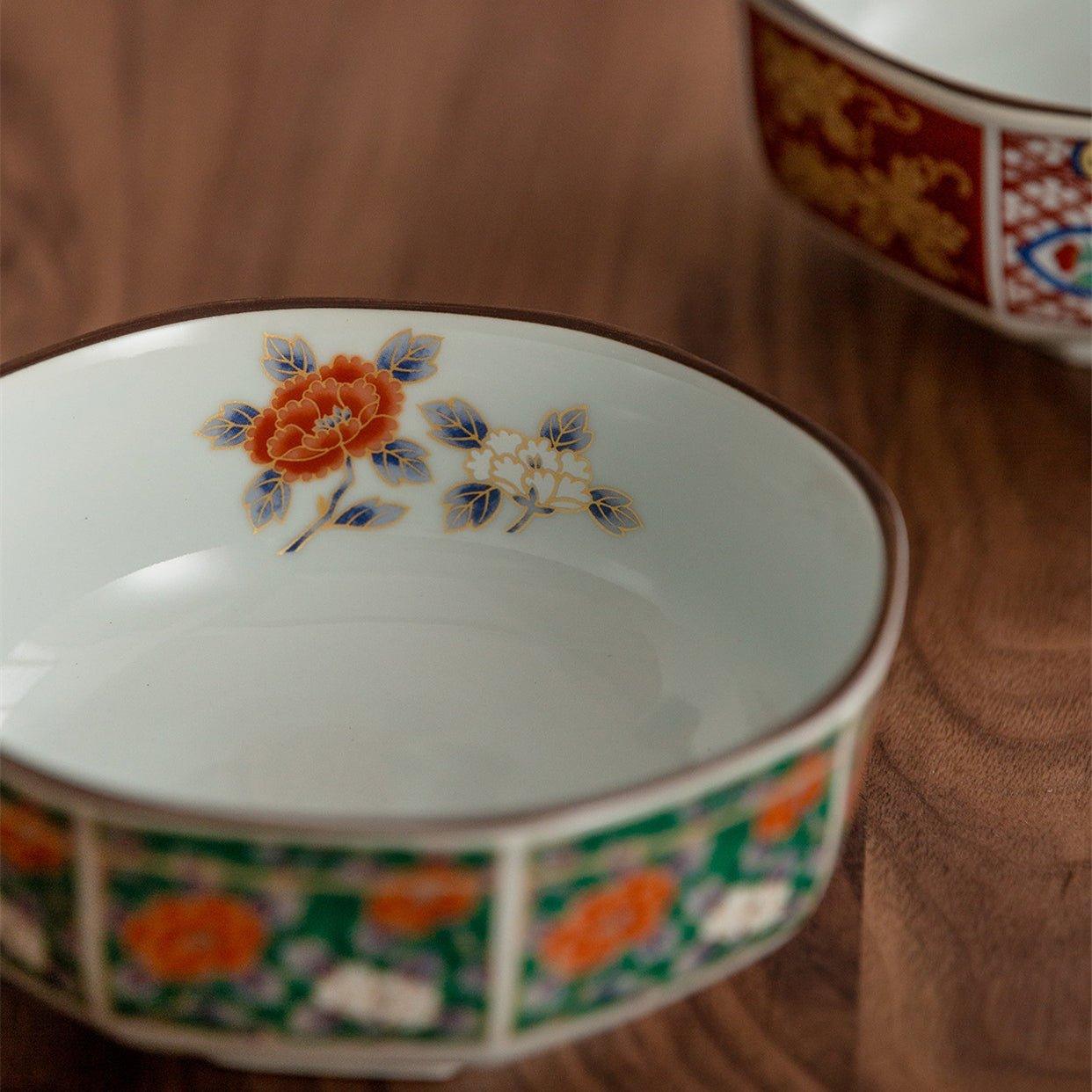 Japanese Mino Ware Court Dyed Brocade Octagonal Bowls Set - MASU