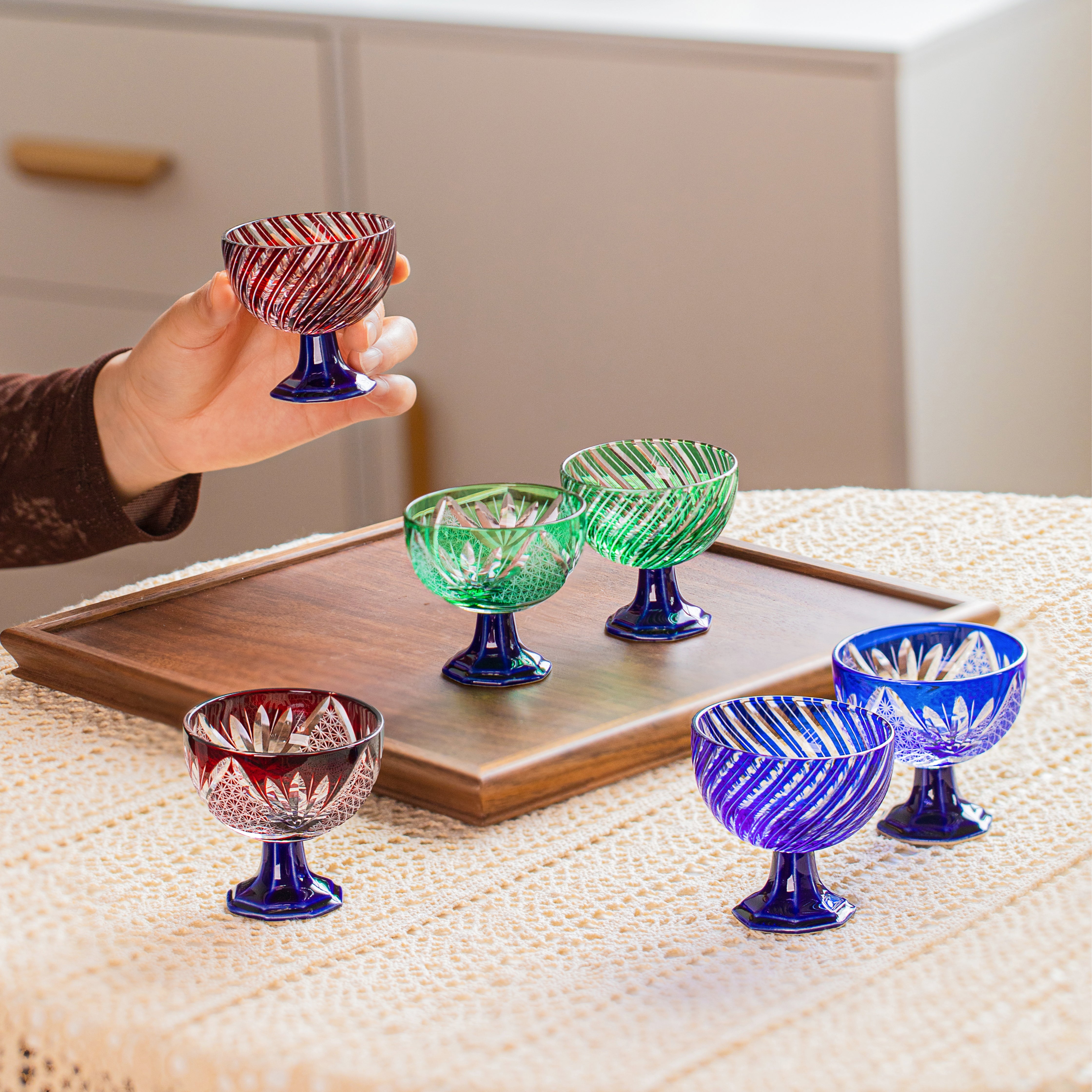 Edo Kiriko Handcrafted Takadai Komon Sake Glass Collection