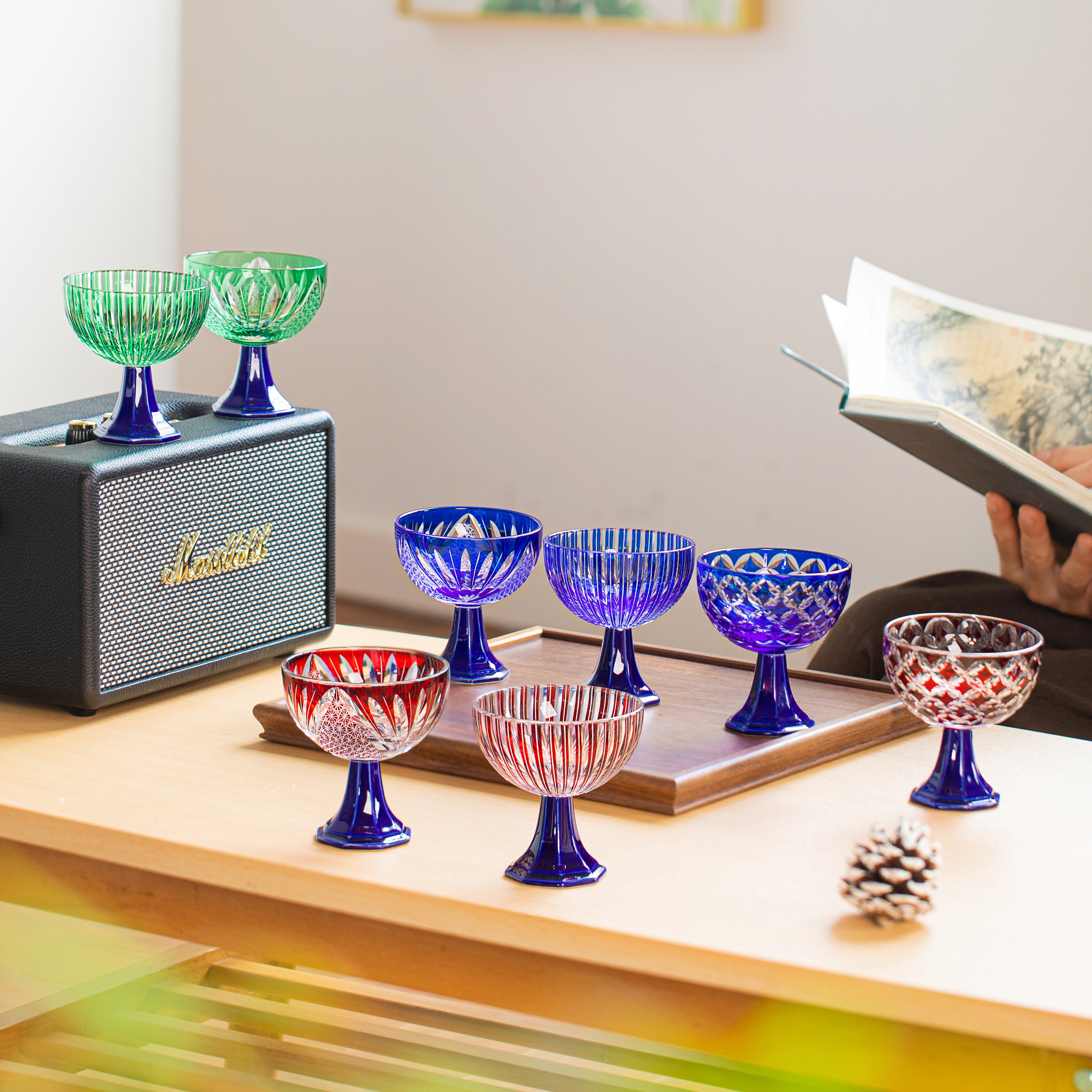 Edo Kiriko Handcrafted Takadai Komon Grand Sake Glass Collection