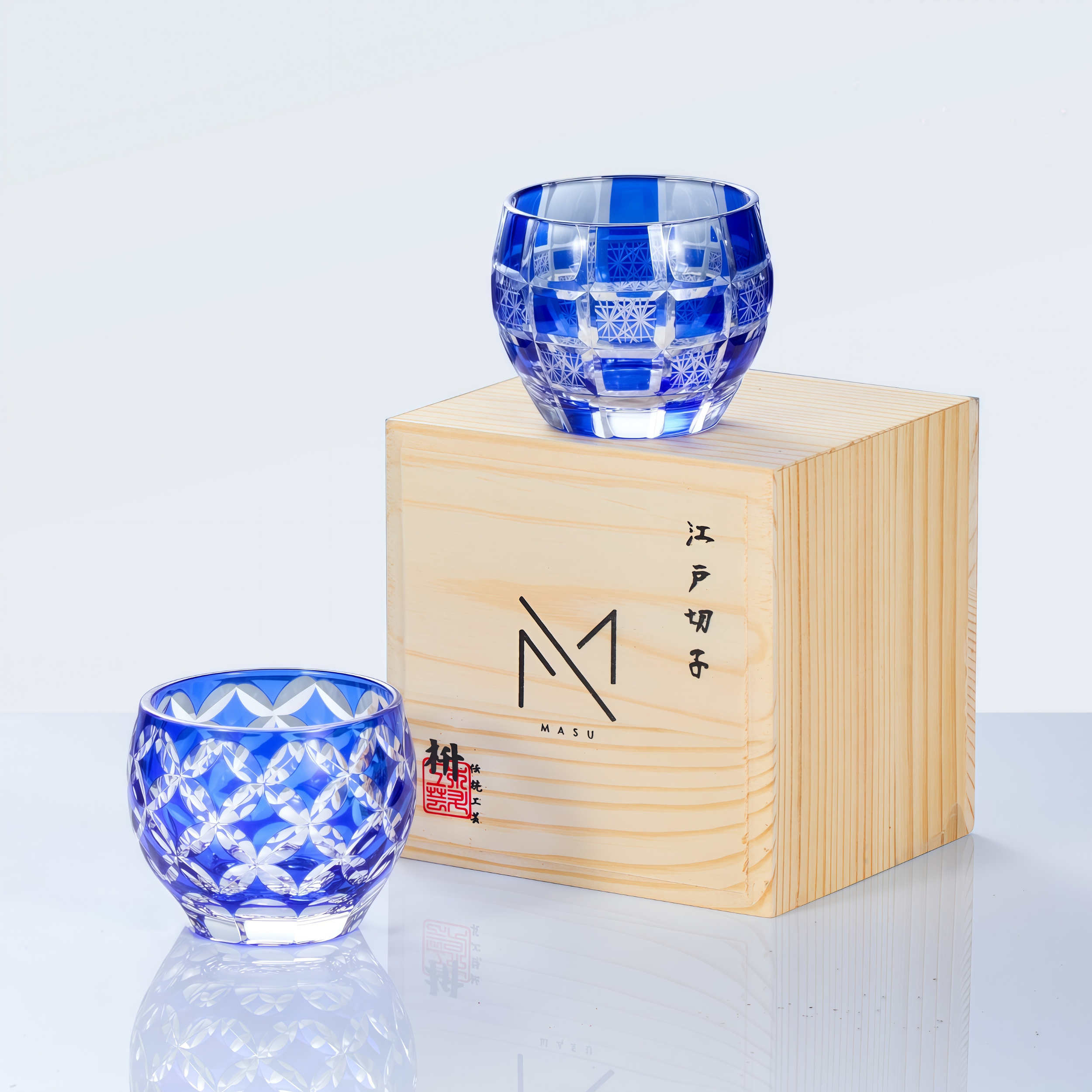 Edo Kiriko Handcrafted Ruri Guinomi Sake Glass Collection
