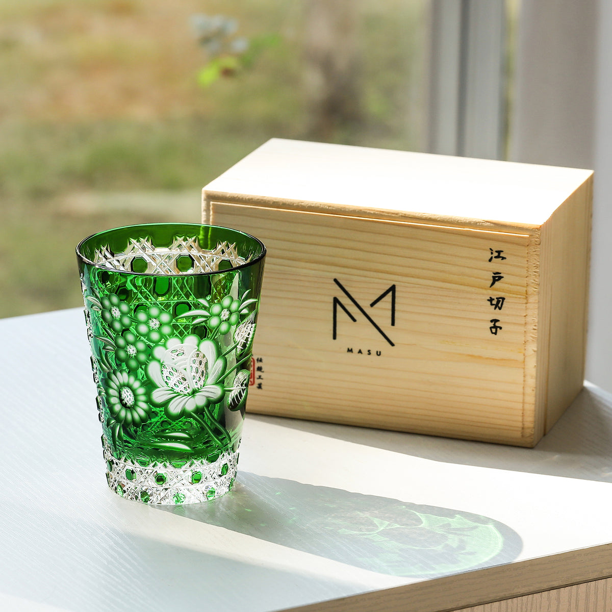 Edo Kiriko Handcrafted Hisui Hoshigiku Whisky Glass With Wooden Box