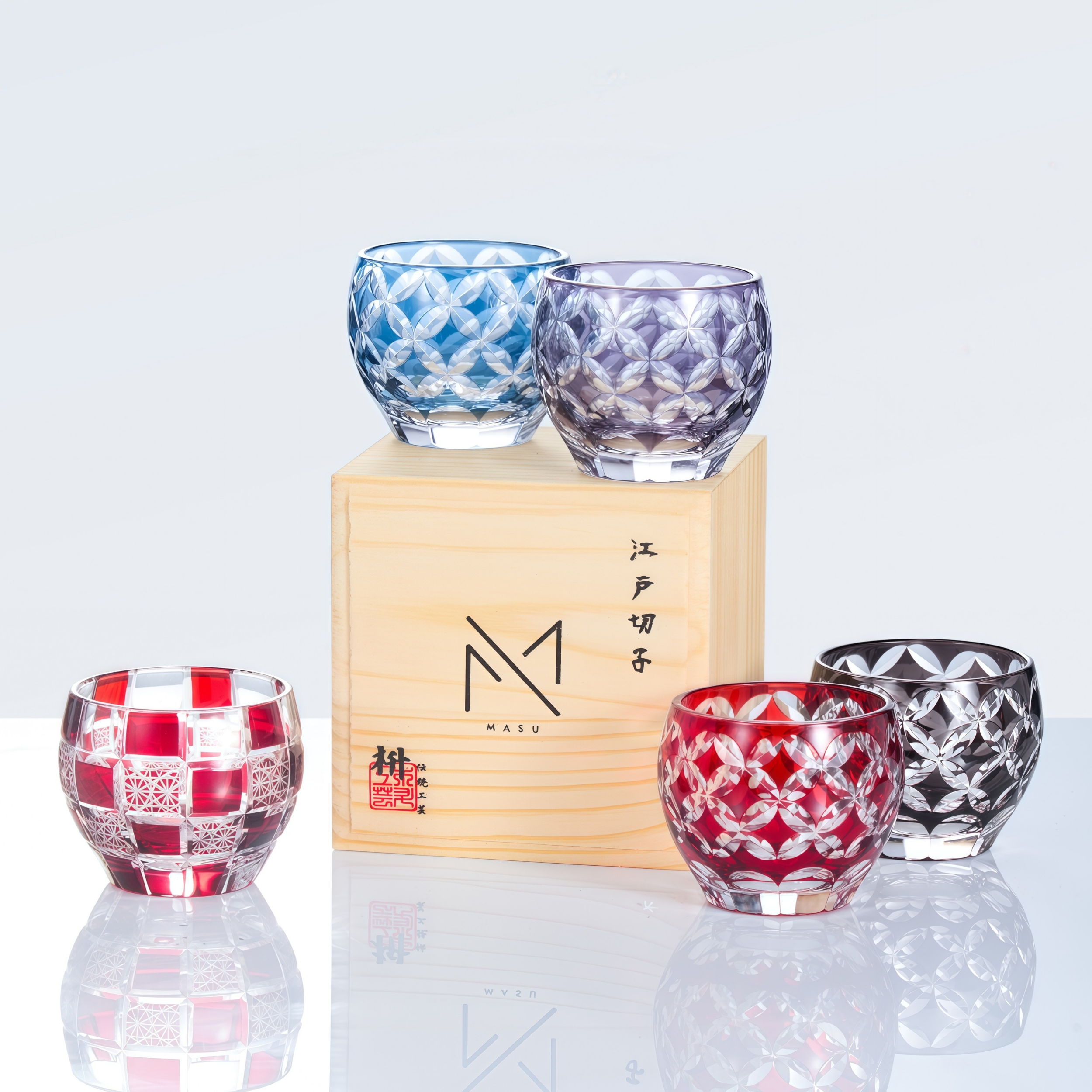 Edo Kiriko Handcrafted Hikari-no-Ha Guinomi Sake Glass Collection