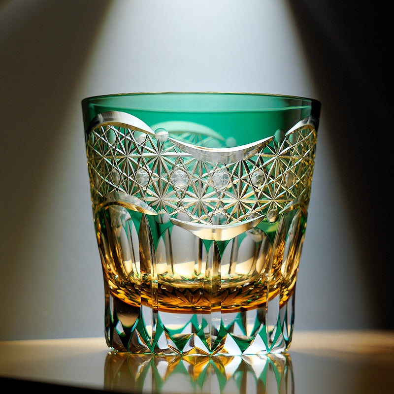 Edo Kiriko Handcrafted Emerald Prism Whisky Glass With Wooden Box