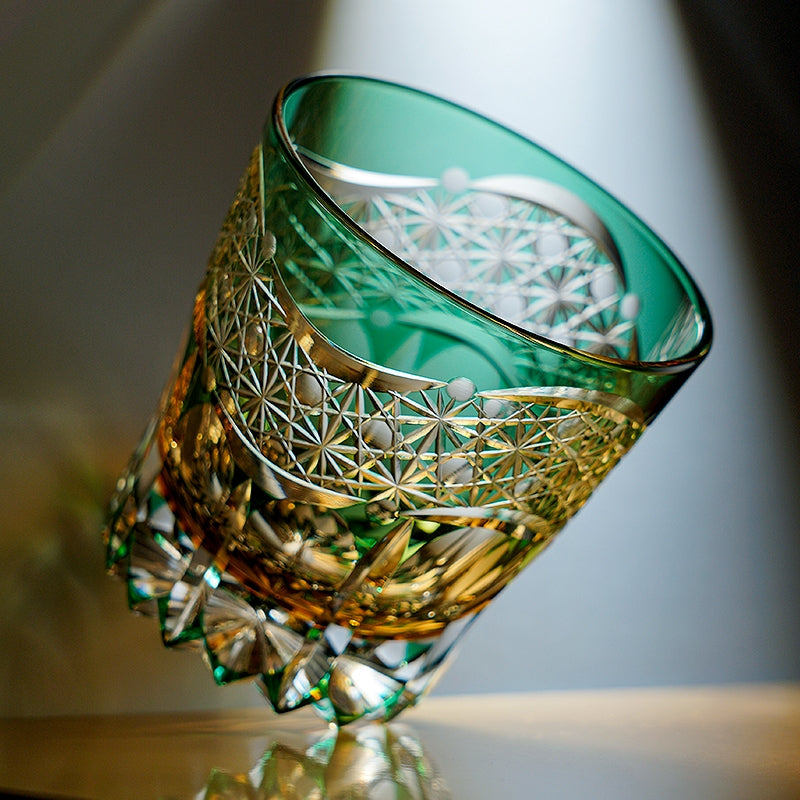 Edo Kiriko Handcrafted Emerald Prism Whisky Glass With Wooden Box