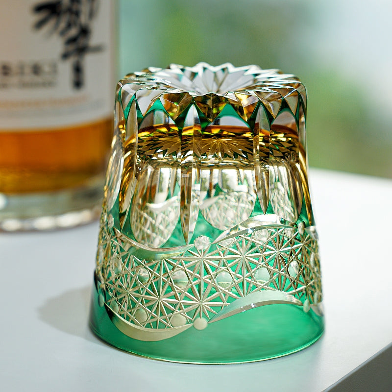 Edo Kiriko Handcrafted Emerald Prism Whisky Glass With Wooden Box