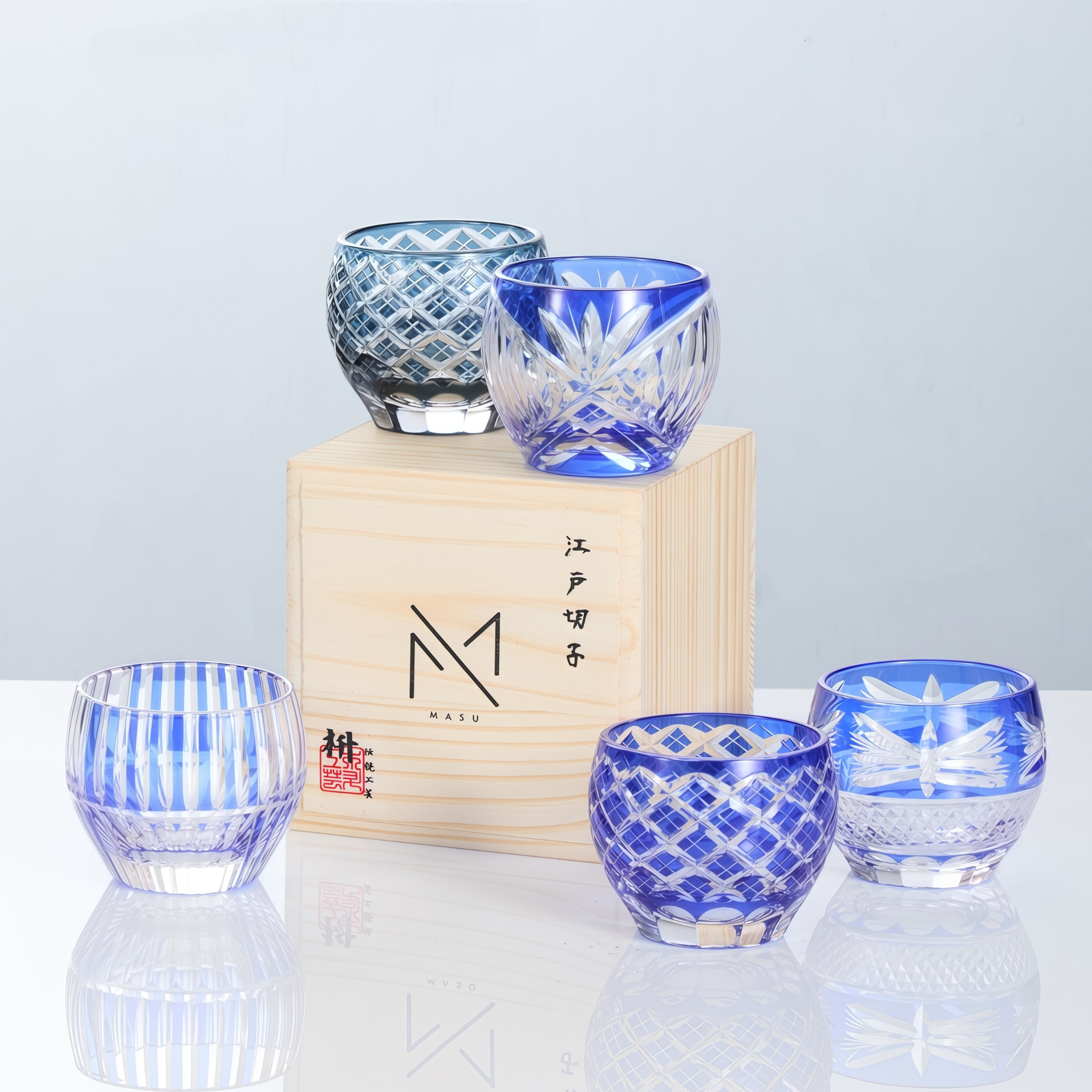 Edo Kiriko Handcrafted Ruri Ochoko Sake Glass Collection