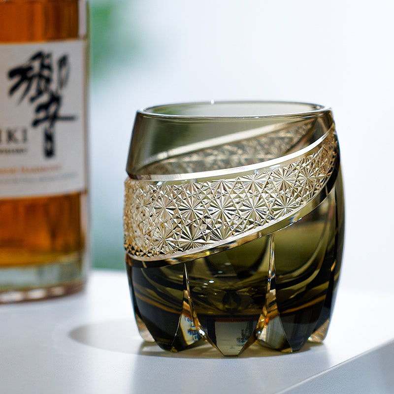 Edo Kiriko Handcrafted Obsidian Lightning Whisky Glass With Wooden Box