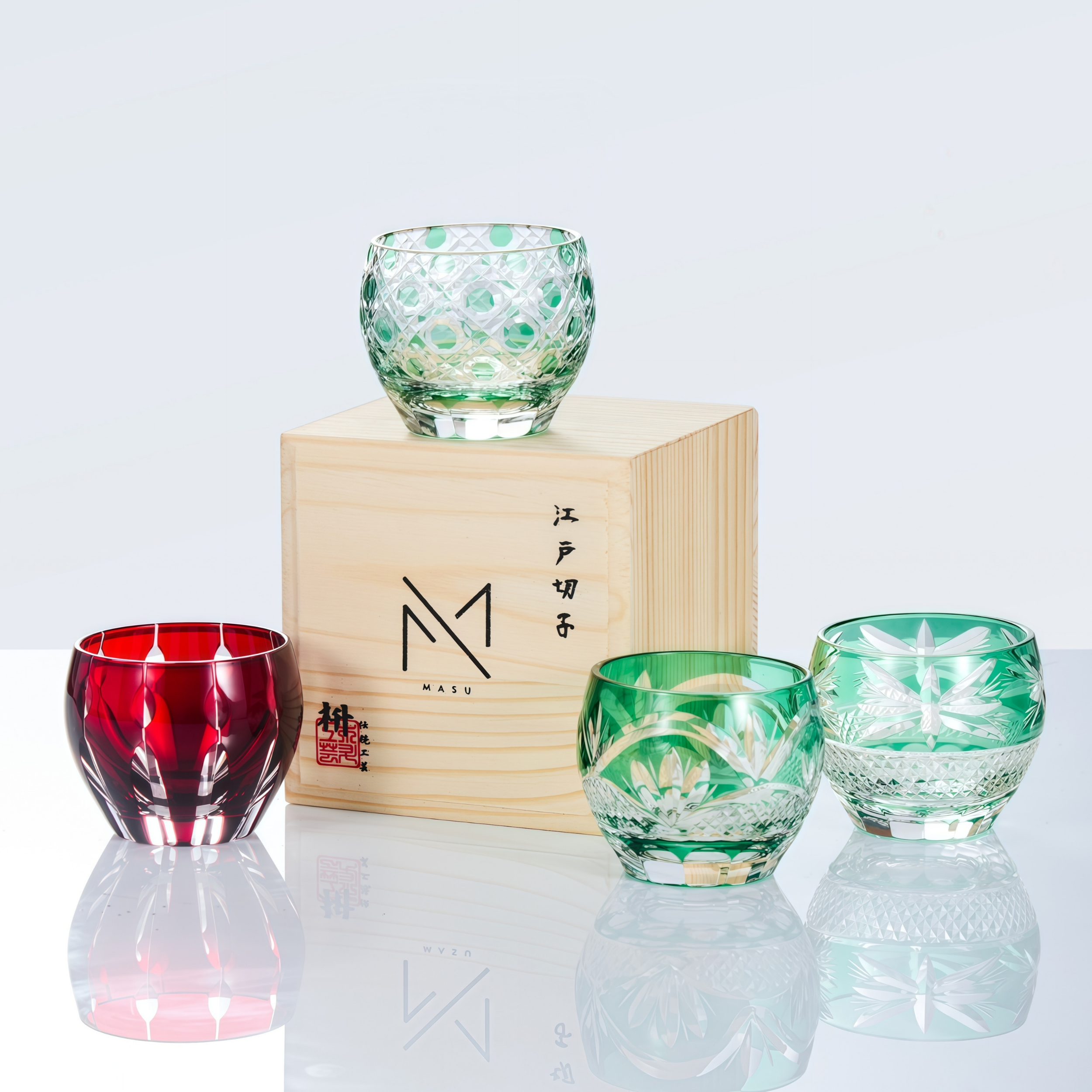 Edo Kiriko Handcrafted Midoriha Guinomi Sake Glass Collection