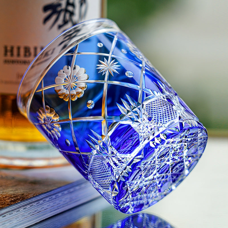 Edo Kiriko Handcrafted Royal Blue Kōhana Blossom Glass With Wooden Box