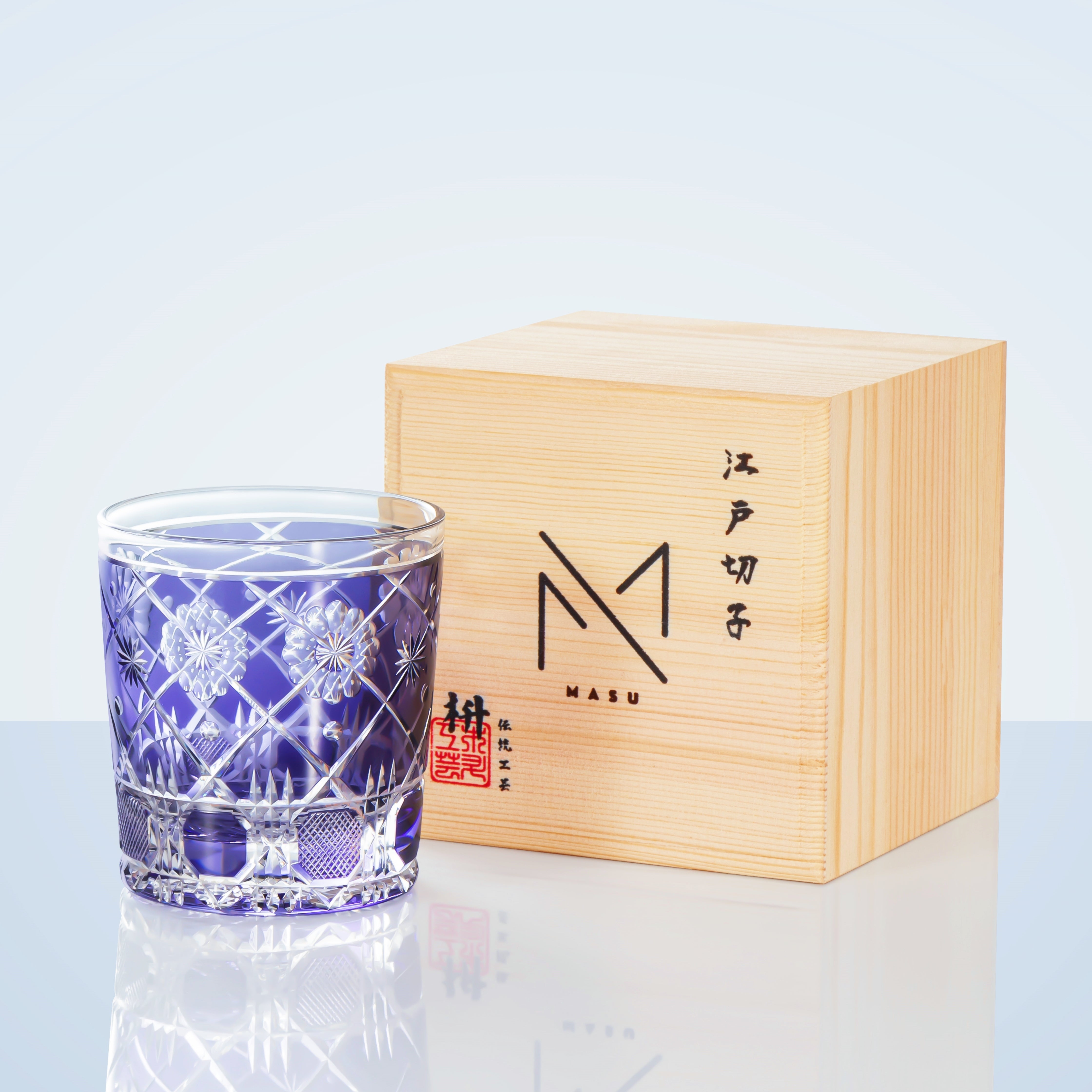 Edo Kiriko Handcrafted Violet Kohana Blossom Glass With Wooden Box