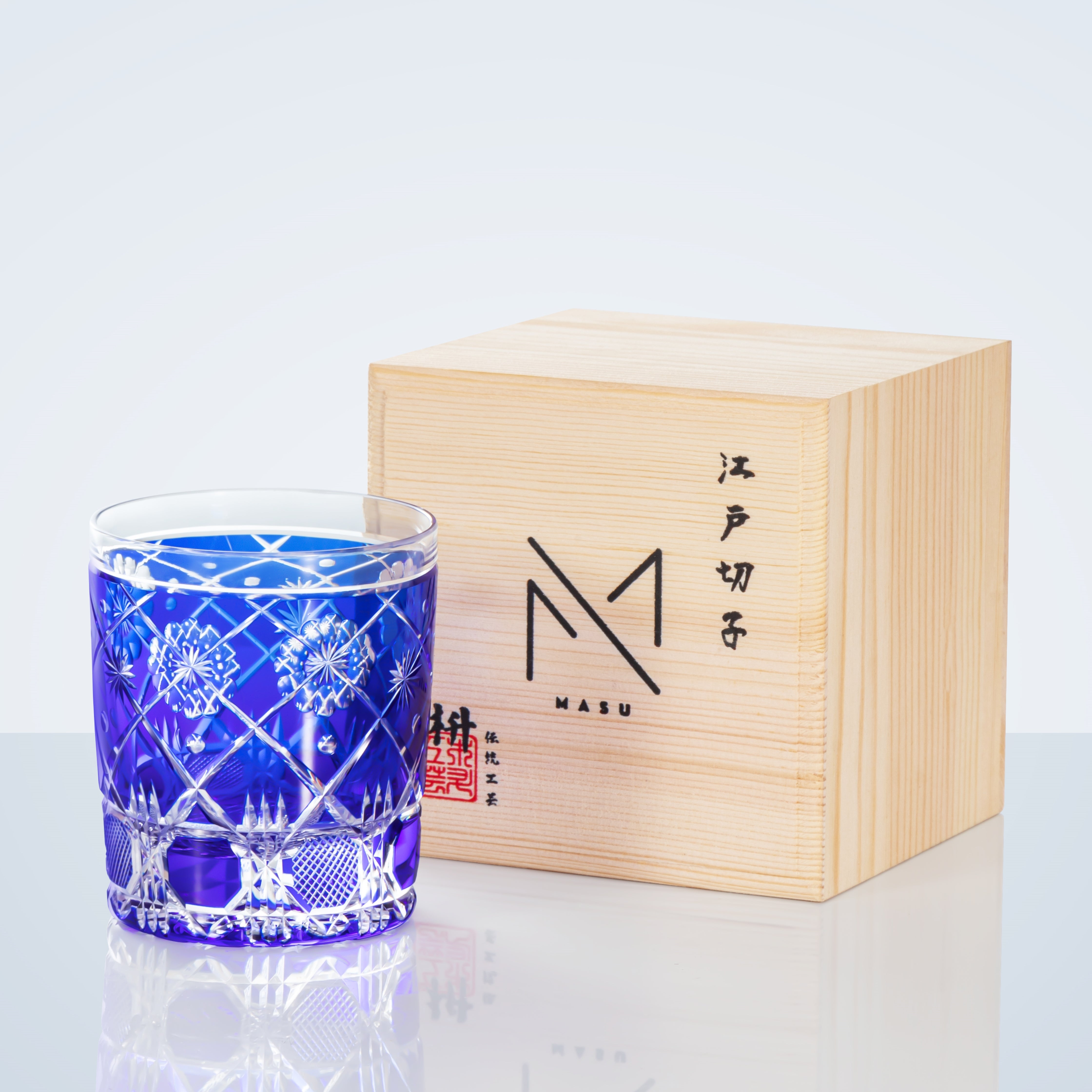 Edo Kiriko Handcrafted Royal Blue Kohana Blossom Glass With Wooden Box