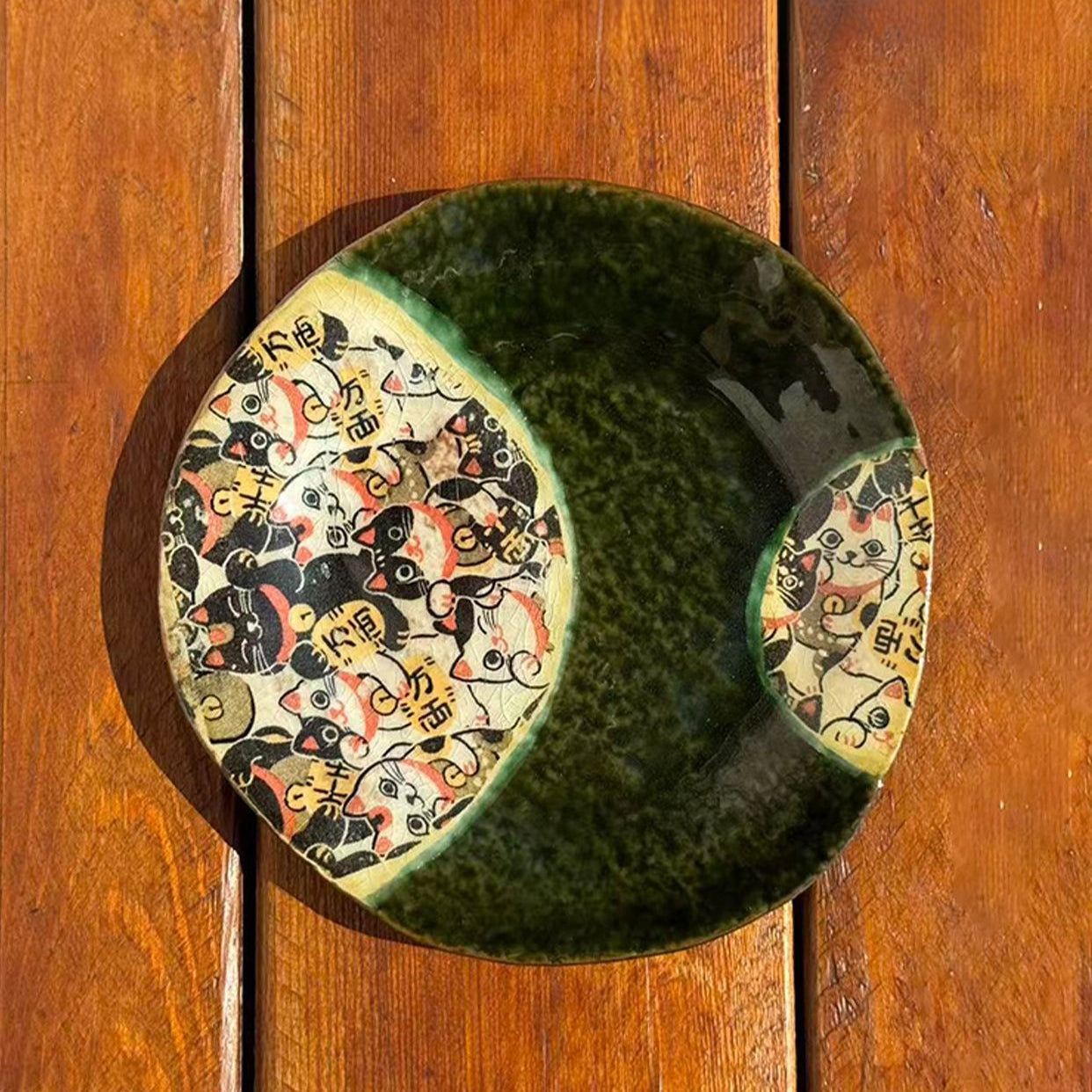 Mino Ware Handcrafted Oribe Fuku Neko Coffee Cup/Saucer Set