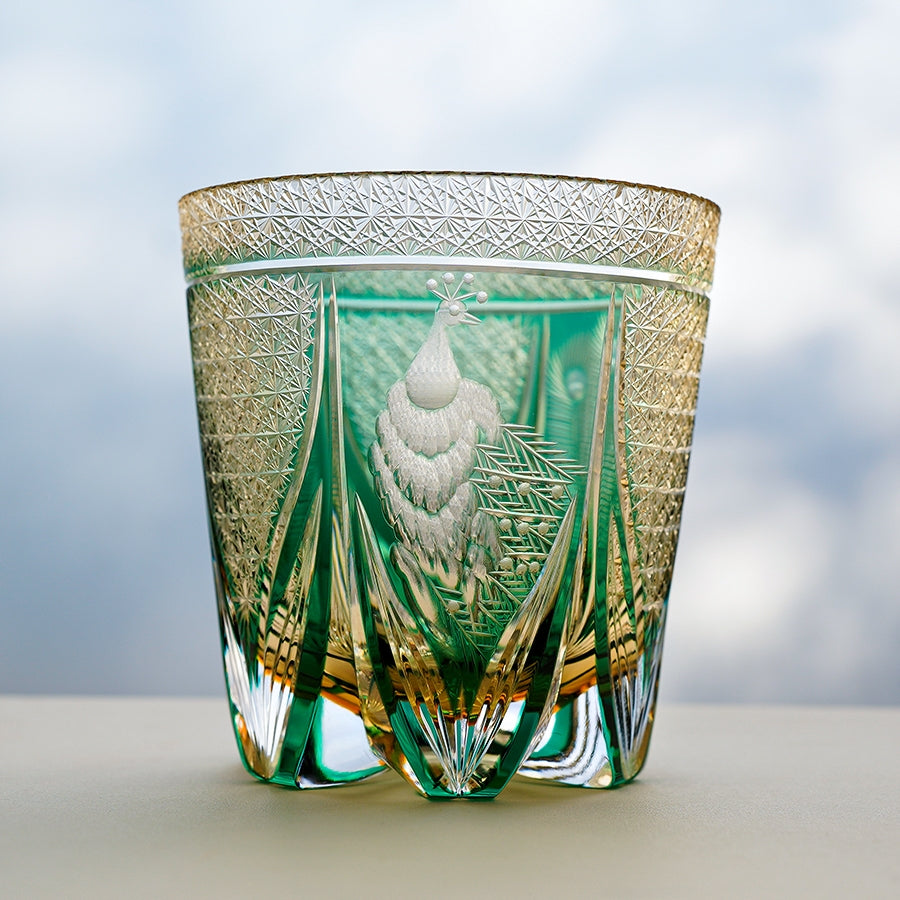 Edo Kiriko Handcrafted Emerald Peacock Whisky Glass With Wooden Box