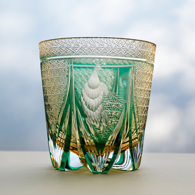 Edo Kiriko Handcrafted Violet Peacock Whiskey Glass With Wooden Box