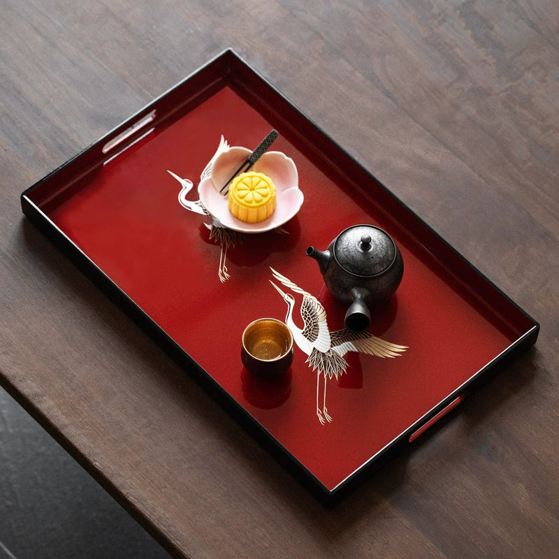 Yamanaka Shikki Handcrafted Gold Foil Crimson Crane Lacquer Tray
