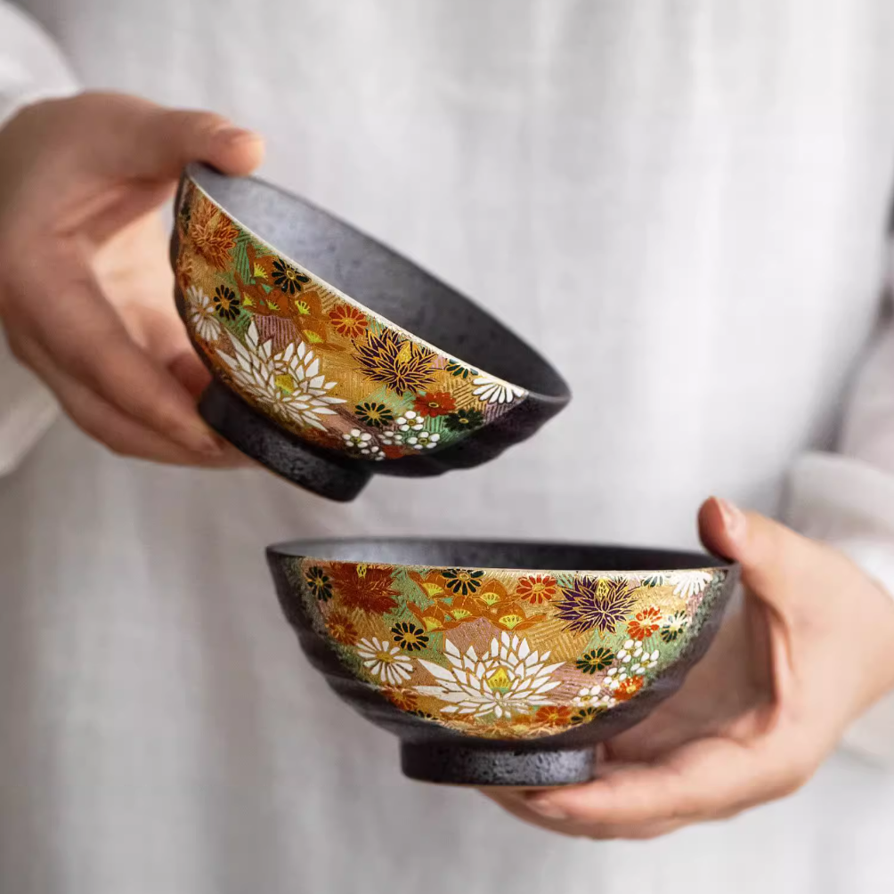 Kutaniyaki Golden Floral Sea Couple Bowl Set