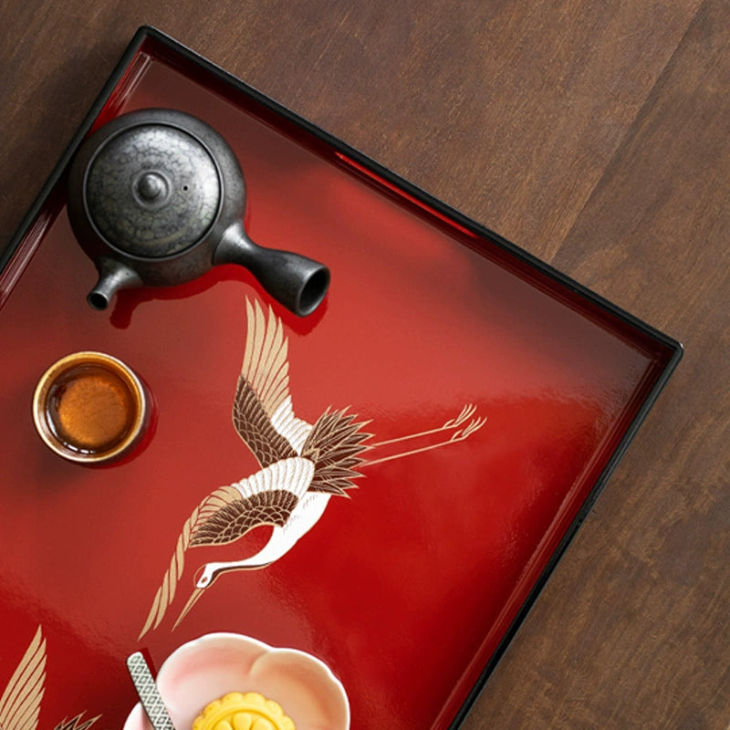 Yamanaka Shikki Handcrafted Gold Foil Crimson Crane Lacquer Tray