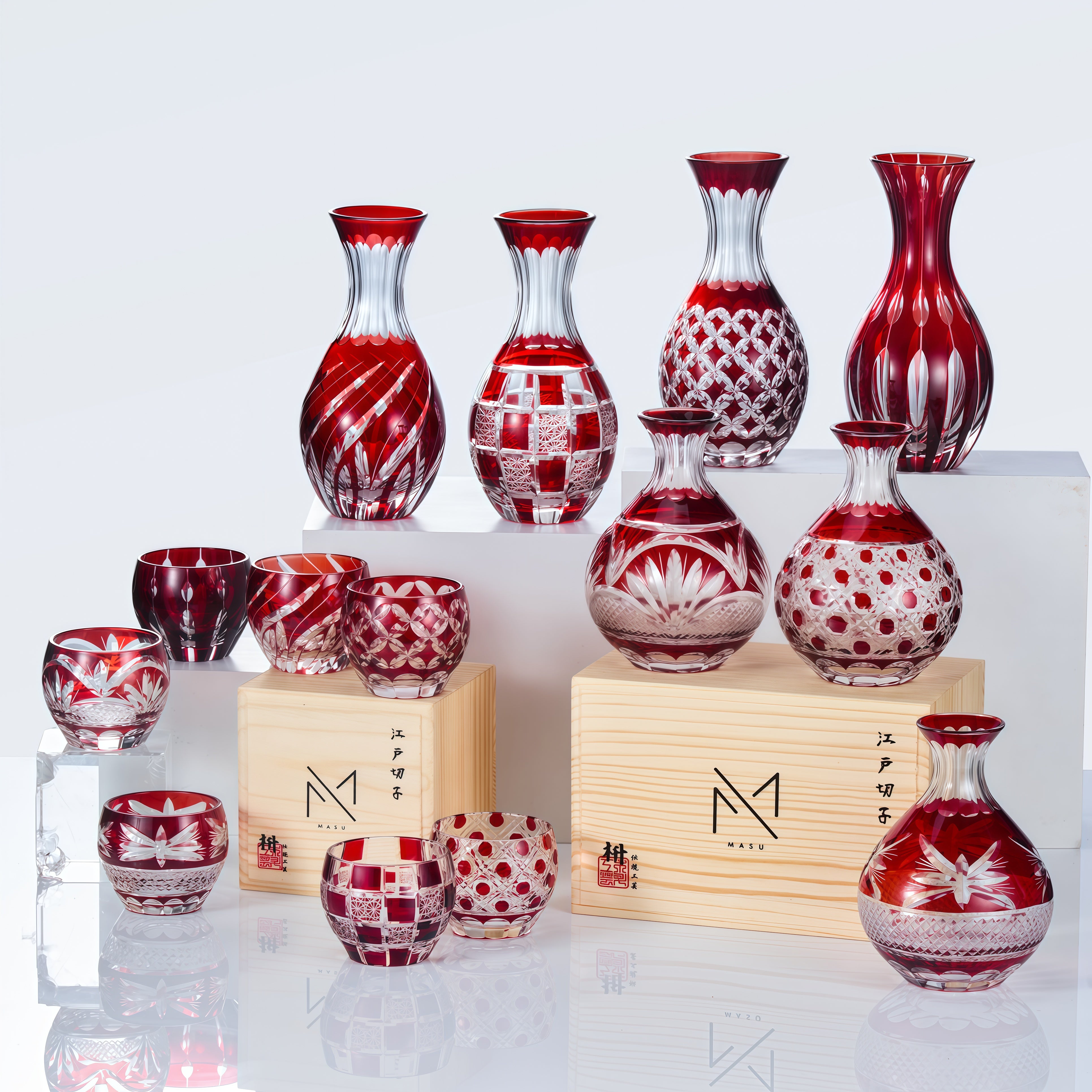 Edo Kiriko Handcrafted Aka Sake Glass Collection