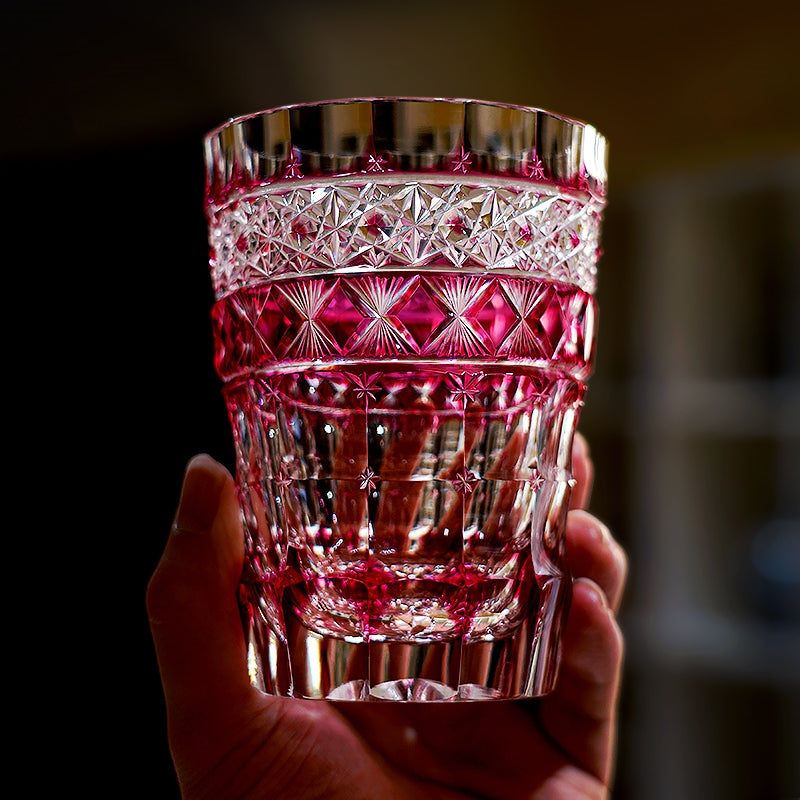 Edo Kiriko Handcrafted Ruby Aurora Whiskey Glass With Wooden Box