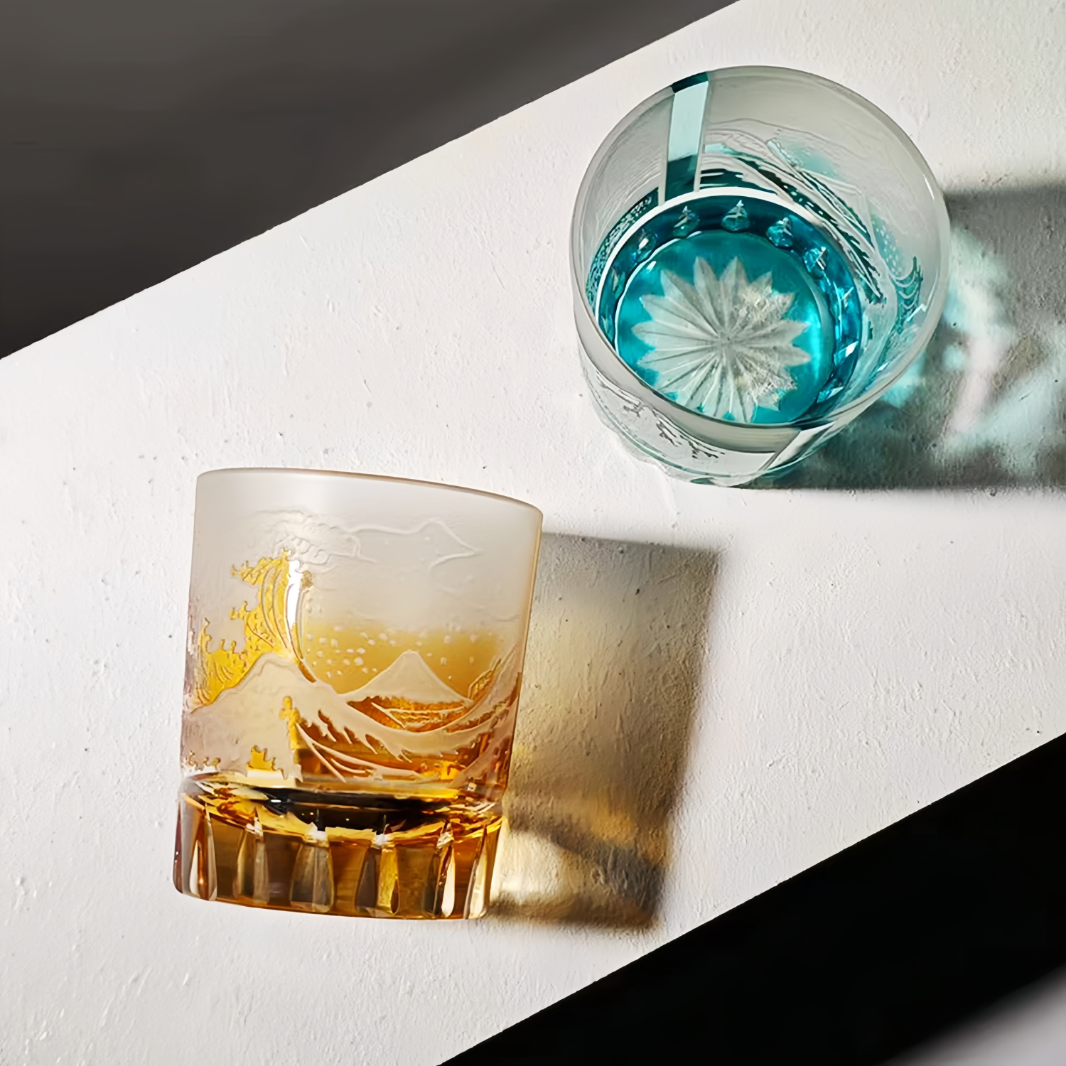 Edo Kiriko Handcrafted Fuji Wave Whisky Glass Collection With Wooden Box