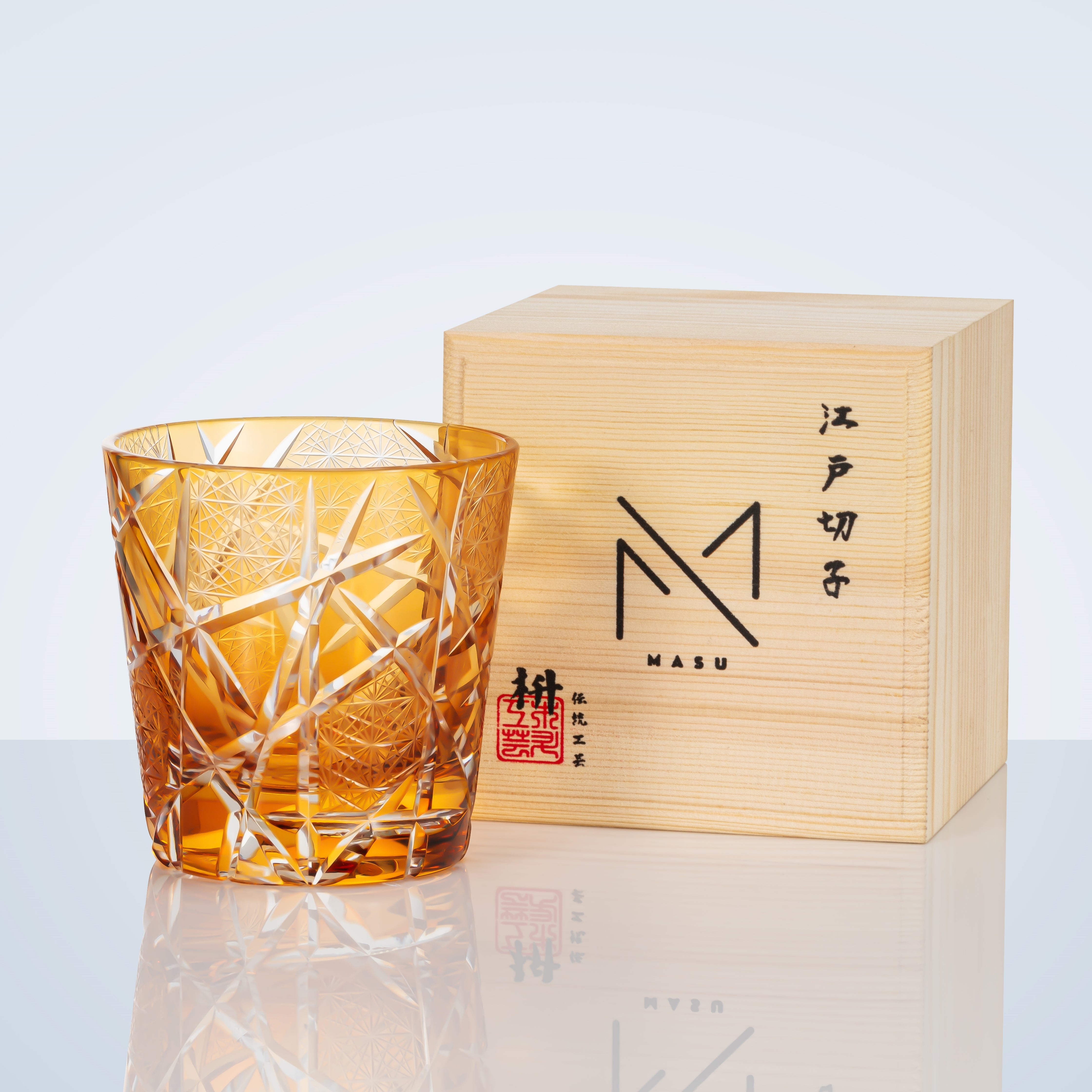 Edo Kiriko Handcrafted Amber Crane Lightning Whisky Glass With Wooden Box