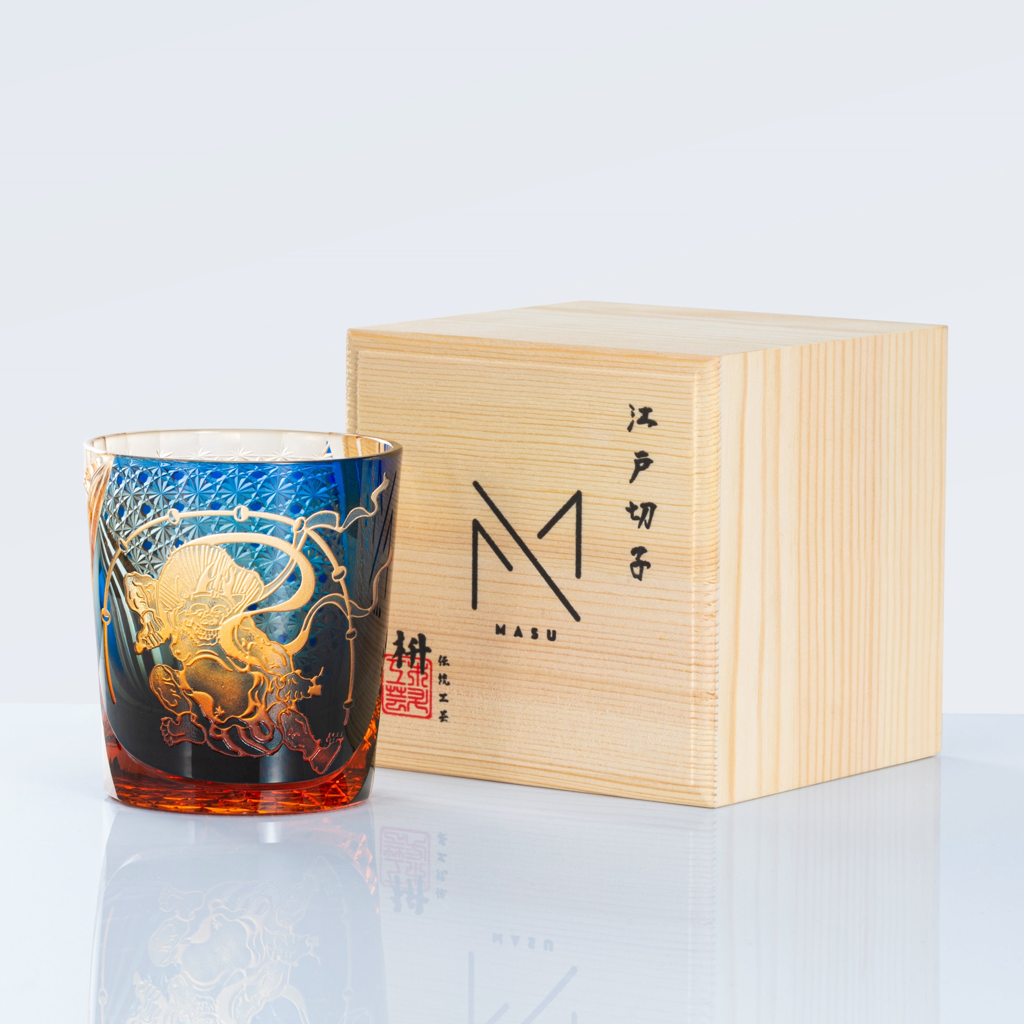 Edo Kiriko Handcrafted Raijin Whisky Glass With Wooden Box