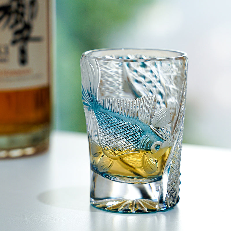 Edo Kiriko Handcrafted Azure Koi Whisky Glass With Wooden Box