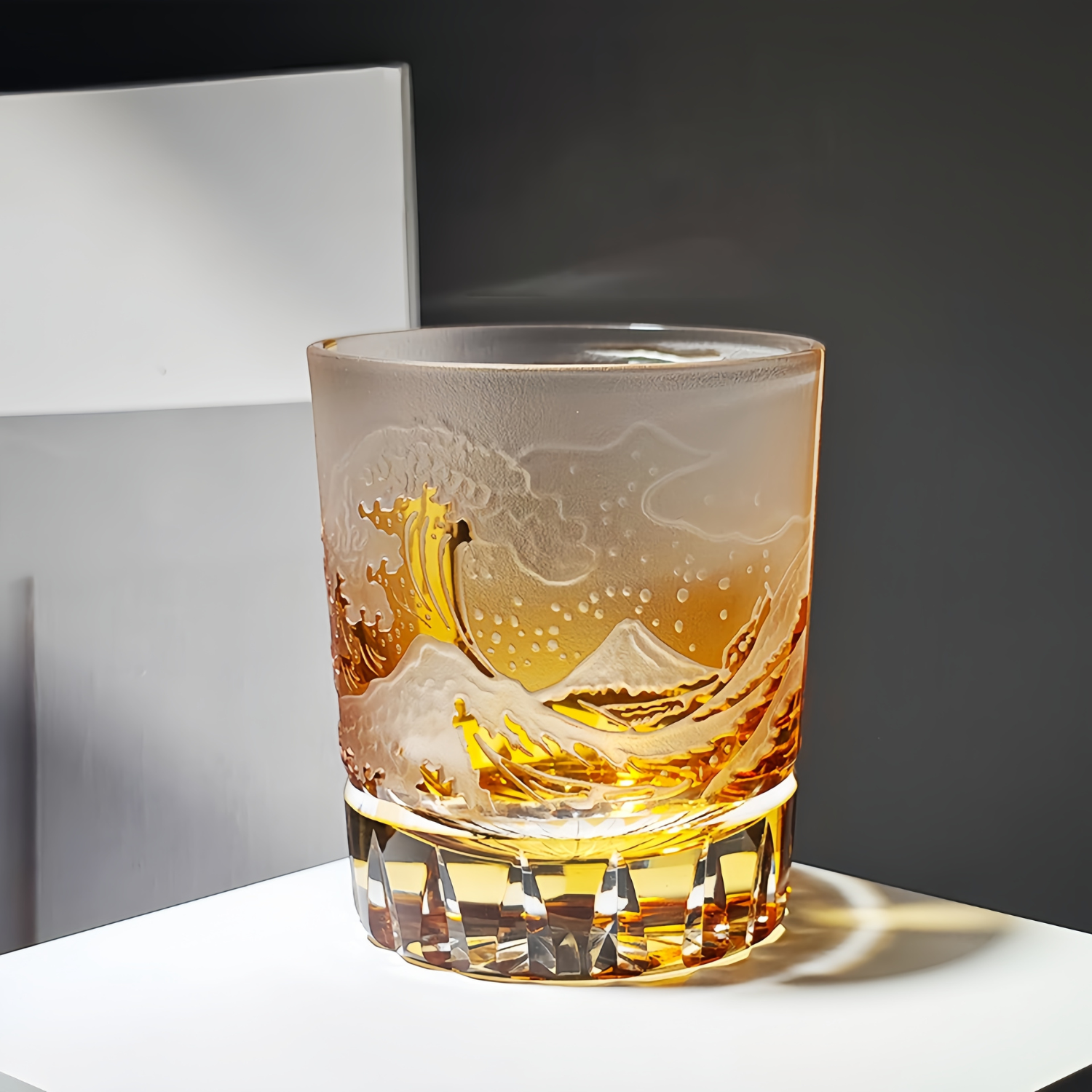 Edo Kiriko Handcrafted Fuji Wave Whisky Glass Collection With Wooden Box