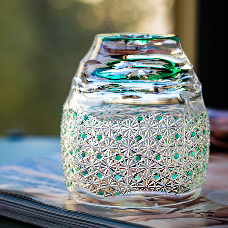 Edo Kiriko Handcrafted Celestial Green Starburst Glass With Wooden Box