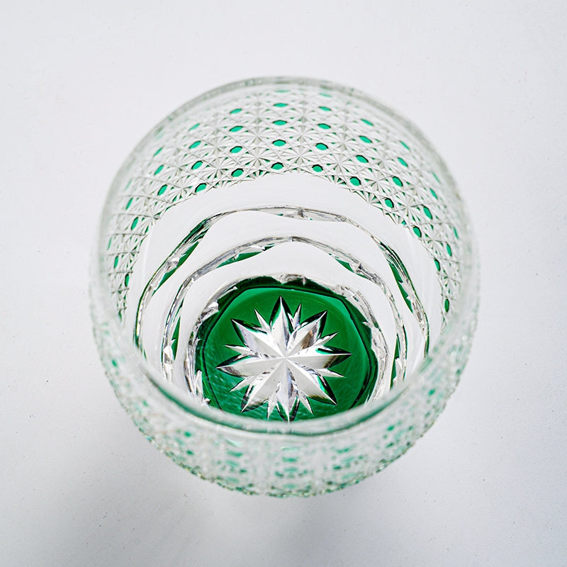 Edo Kiriko Handcrafted Celestial Green Starburst Glass With Wooden Box